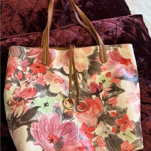 Floral Tote Bag with Brown Handles